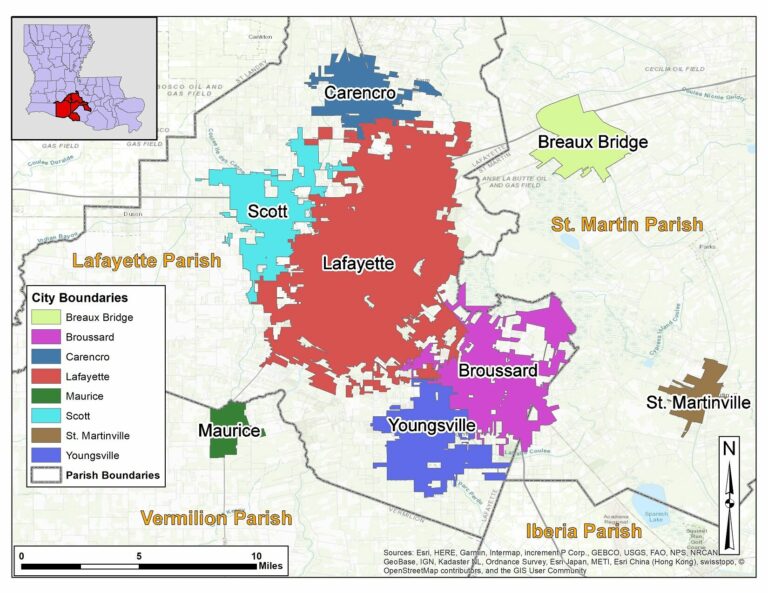 Lafayette Parish and surrounding communities in south Louisiana, USA